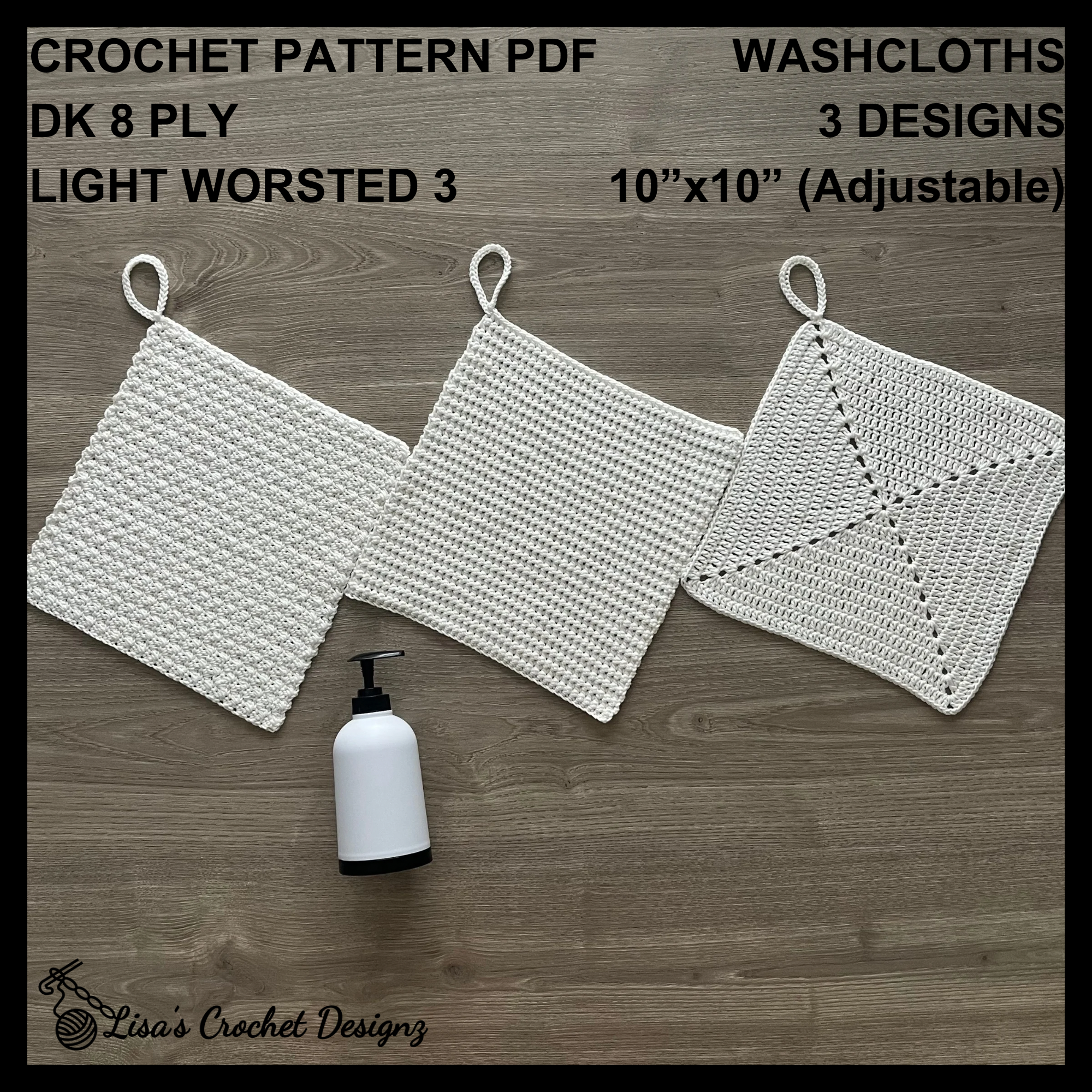 Snowy Crochet Washcloth Pattern PDF – 3 Quick DIY Spa & Dishcloth Designs | English PDF