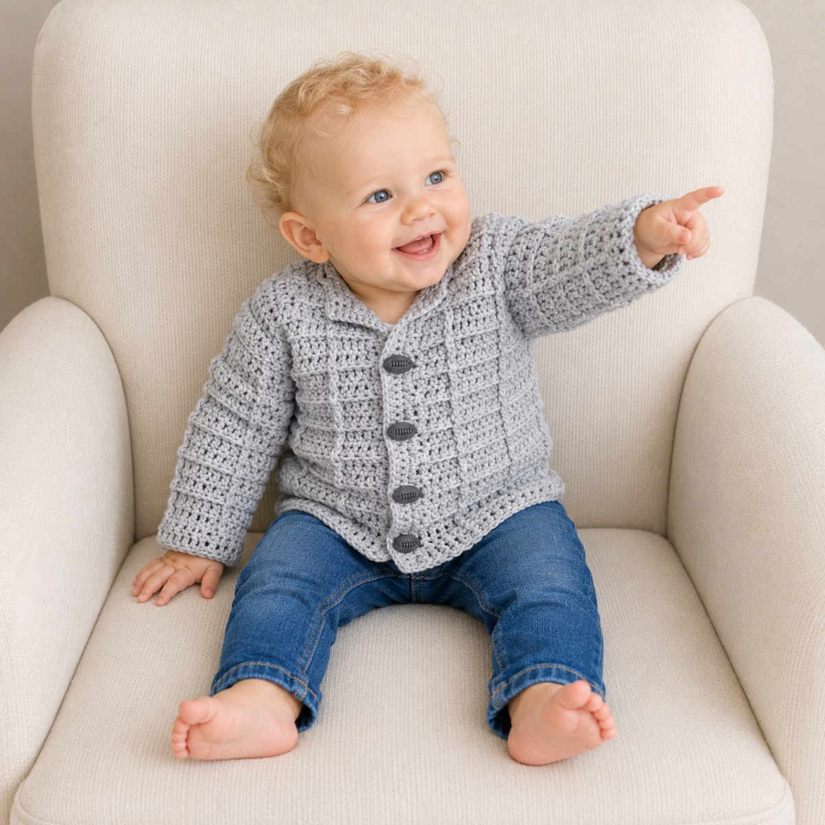 Crochet Baby Cardigan Pattern PDF – Stirling Baby Sweater (0–3 Months)