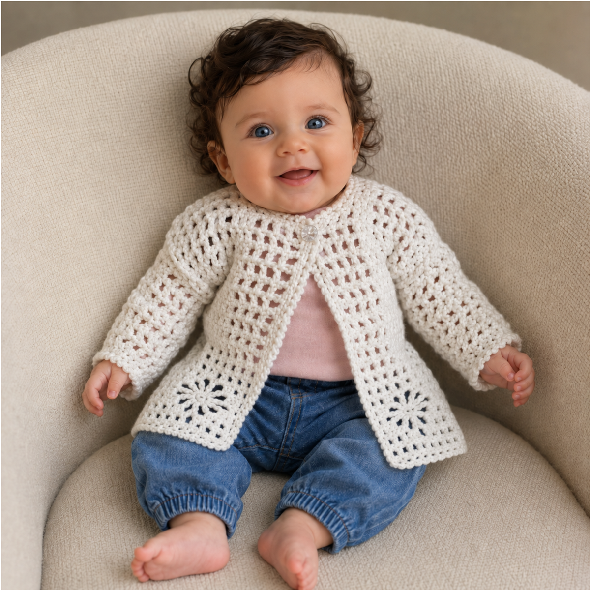 Baby in a pink T-shirt and blue jeans wears a white Summer crochet cardigan on a cream chair. Digital pattern PDF, 0–3M.