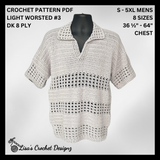 Taylor crochet polo shirt on a black mannequin, silver background, showing sizes S to 5XL. Digital pattern PDF details.