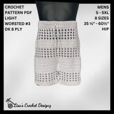 Taylor crochet shorts on a black mannequin, silver background, showing sizes S to 5XL. Digital pattern PDF details.