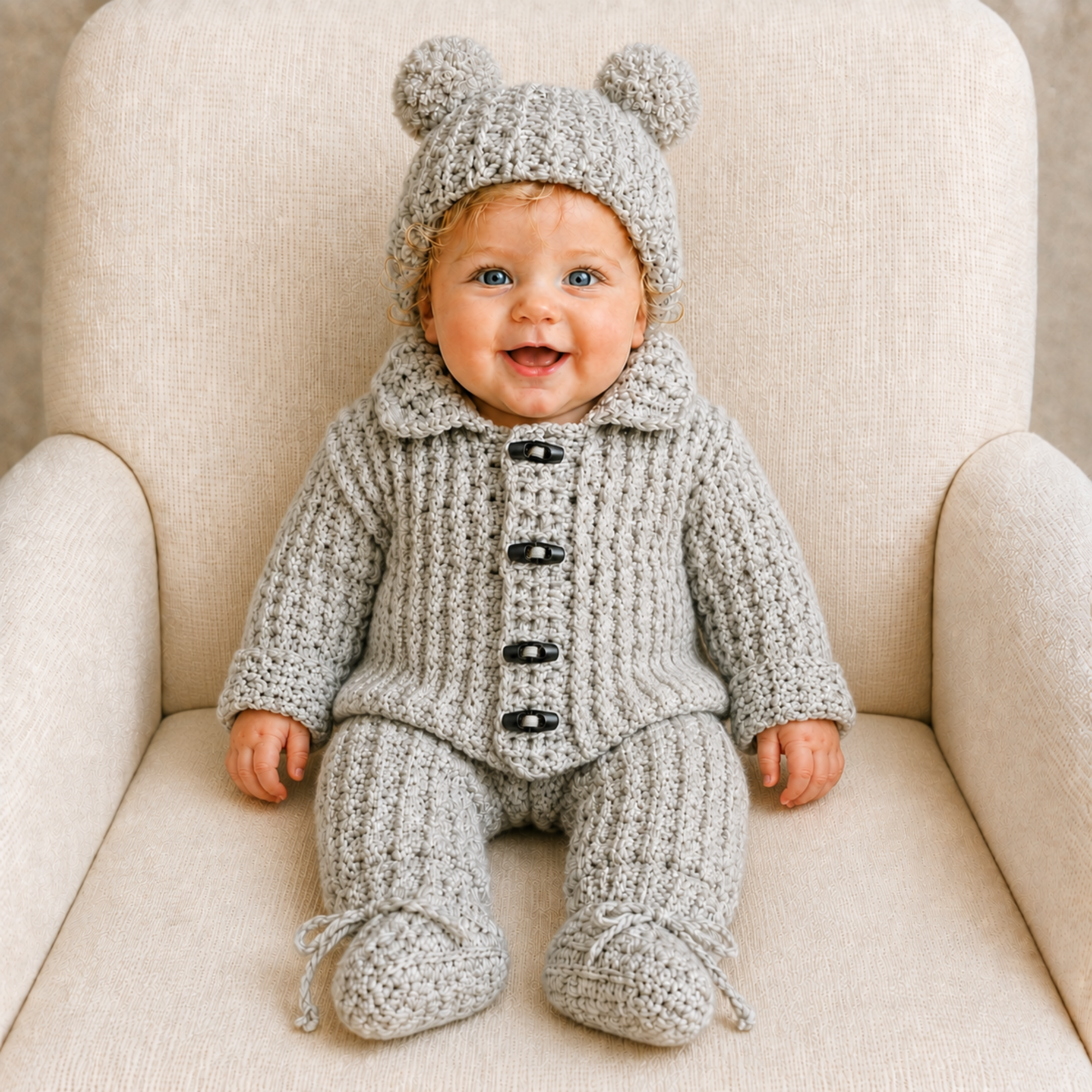 Baby on a cream chair wearing the gray Theo crochet cardigan, hat, pants and booties. Digital pattern PDF collection.
