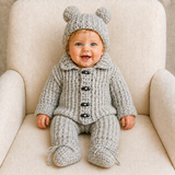 Baby on a cream chair wearing the gray Theo crochet cardigan, hat, pants and booties. Digital pattern PDF collection.
