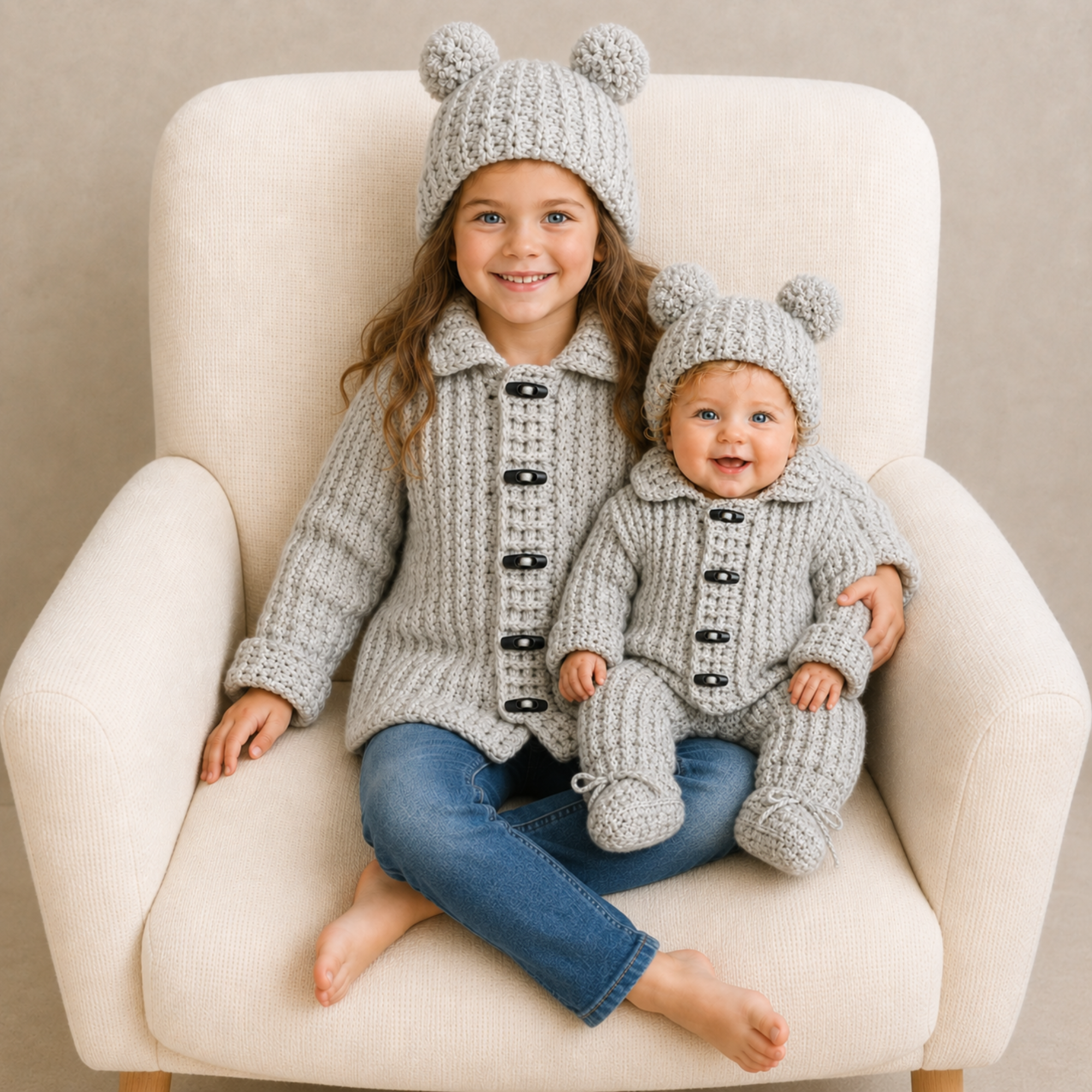 Girl and baby in gray Theo crochet cardigans and hats on a cream chair; baby wears pants and booties. Digital pattern PDF.

