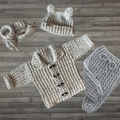 Crochet Pattern Theo Cardigan Hat Booties Pants Set