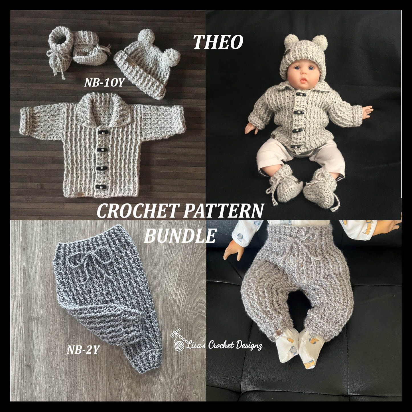 theo crochet bundle of 4 sweater hat booties and baby pants