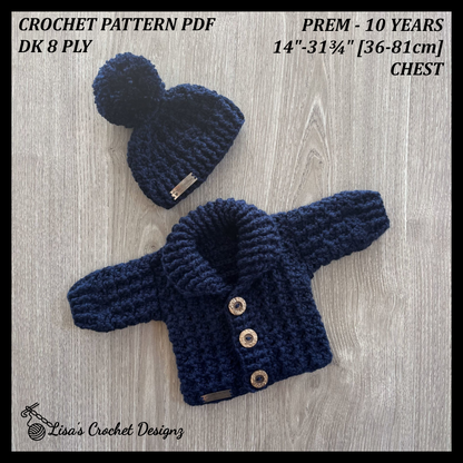 Crochet Pattern William Shawl Collar Cardigan and Hat Prem Baby to 10 Years