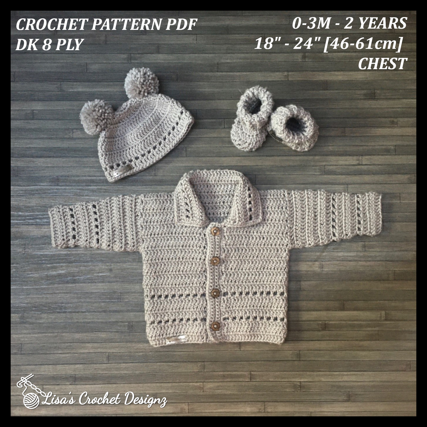 Crochet Pattern Zac Crochet Cardigan Hat Booties Set Baby to 2 Years