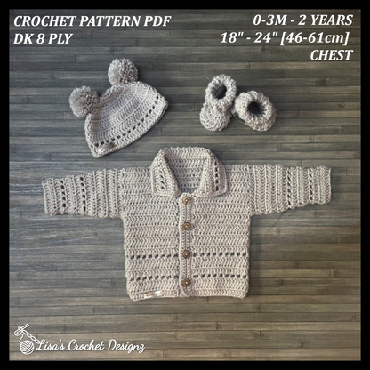 Crochet Pattern Zac Crochet Cardigan Hat Booties Set Baby to 2 Years