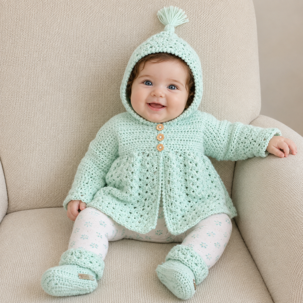 Baby in white floral leggings on a cream chair wears a Zara hooded crochet cardigan and booties. Digital pattern PDF set, 0–3M.