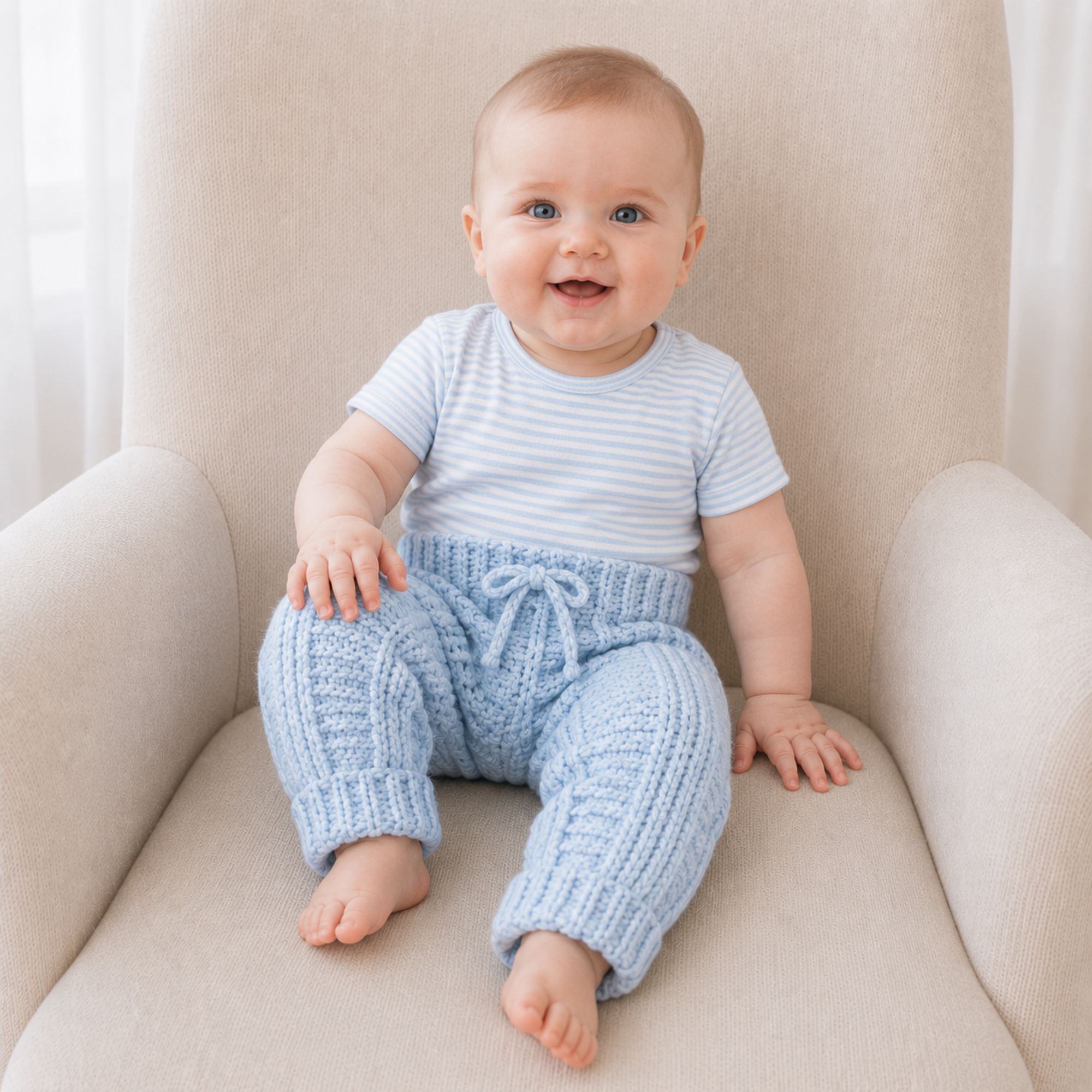 Baby in a white T-shirt wears pale blue Zeb crochet pants on a cream chair. Digital pattern PDF, sizes Newborn to 2 Years.