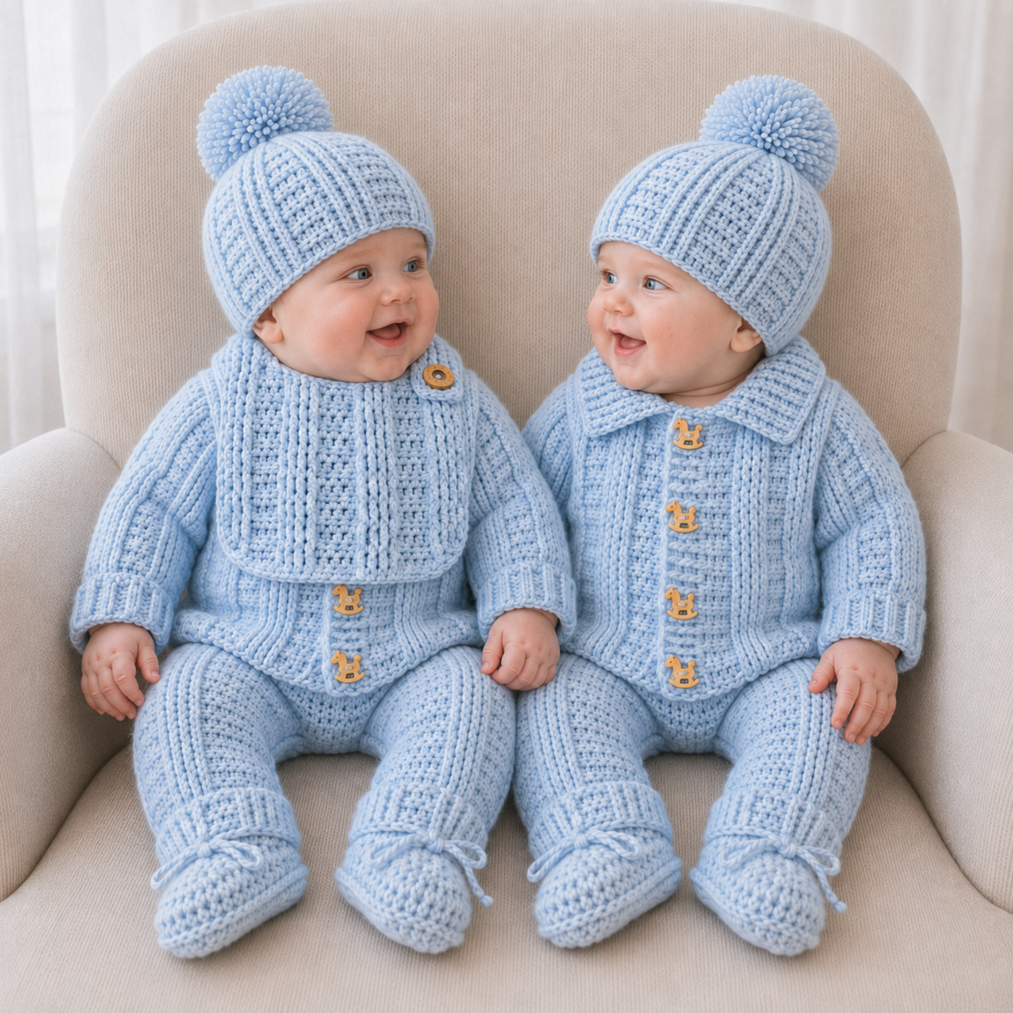 Babies on a cream chair wear Zeb crochet sets with cardigans, hats, pants and booties; one wears a bib. Digital pattern PDF.