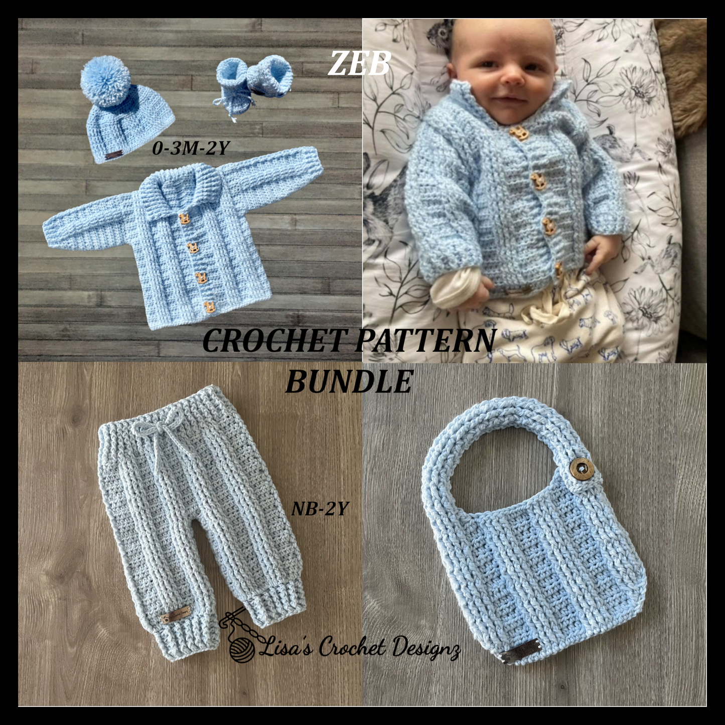 zeb crochet pattern bundle of 5 sweater hat booties baby pants baby bib