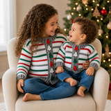 Child and baby wearing striped Chrissy Christmas tree crochet cardigans. Digital PDF pattern, sized Preemie to 10 Years.