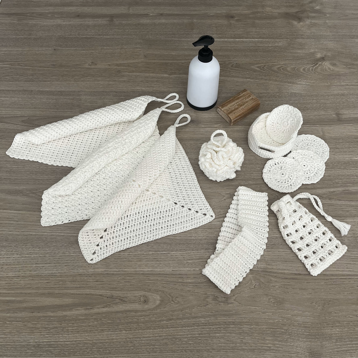 Snowy Crochet Pattern Spa Set – English PDF | Washcloths, Loofah, Scrubbies, Soap Saver & Headband