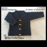 Aaron crochet cardigan pattern description 26 to 32 inch chest