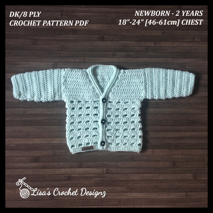 Adam crochet baby sweater pattern description sizes newborn to 2 years