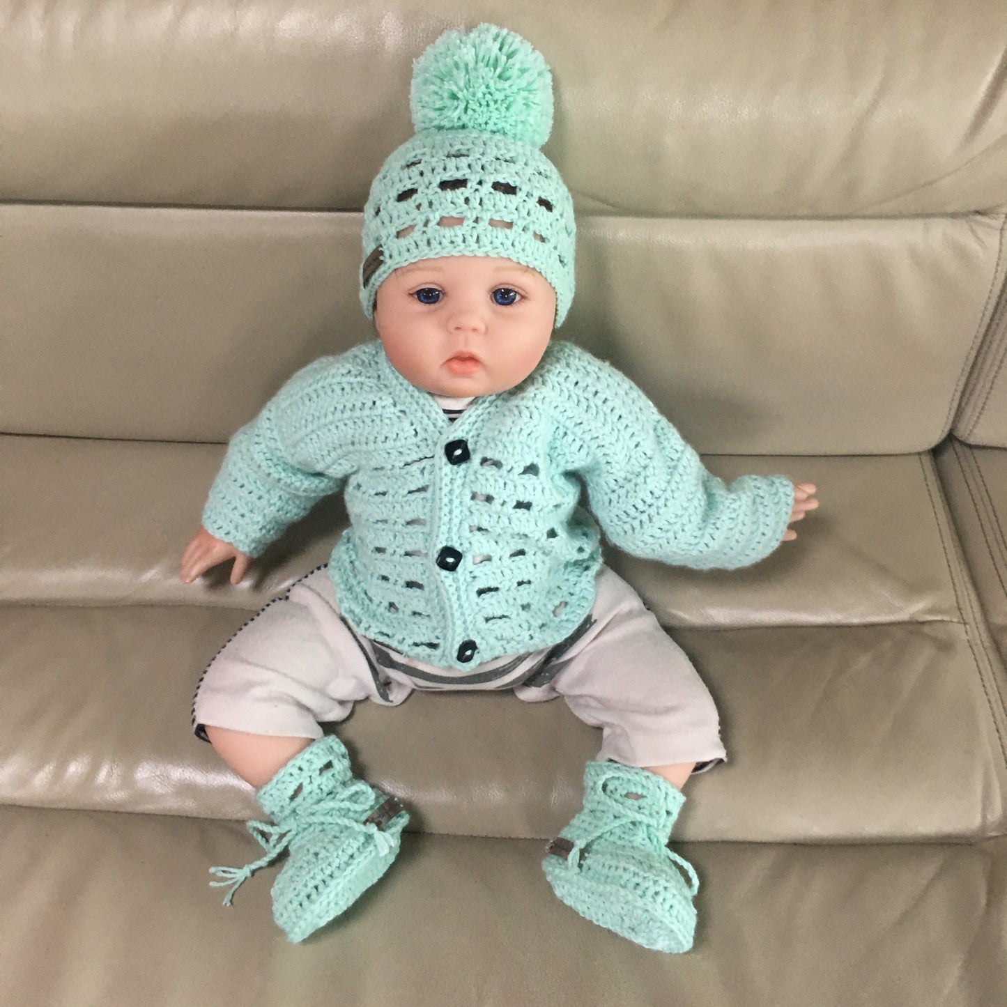 Adam crochet sweater hat and booties on baby