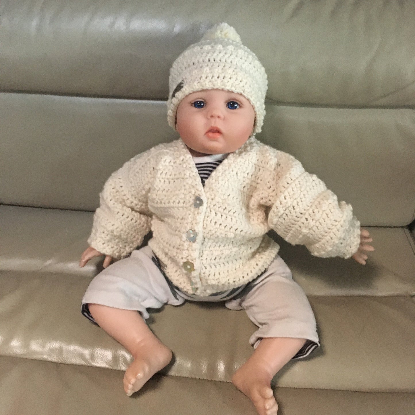 ashley crochet sweater and hat on baby