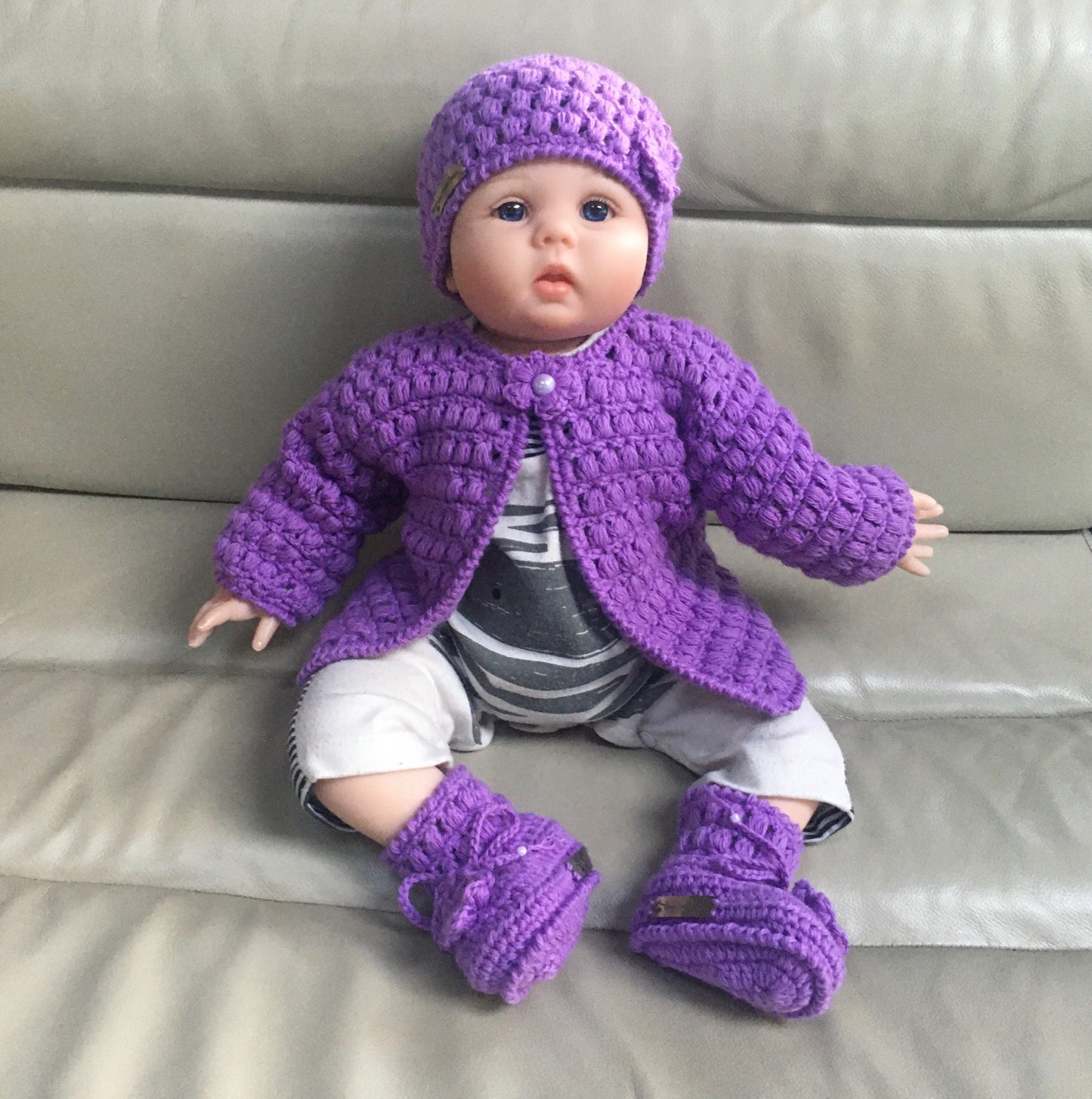 beth crochet sweater hat and booties on baby