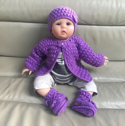 beth crochet sweater hat and booties on baby