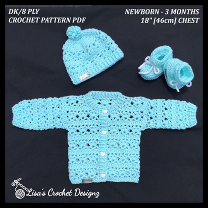 bonnie crochet baby sweater hat and booties crochet pattern details 0 to 3 months