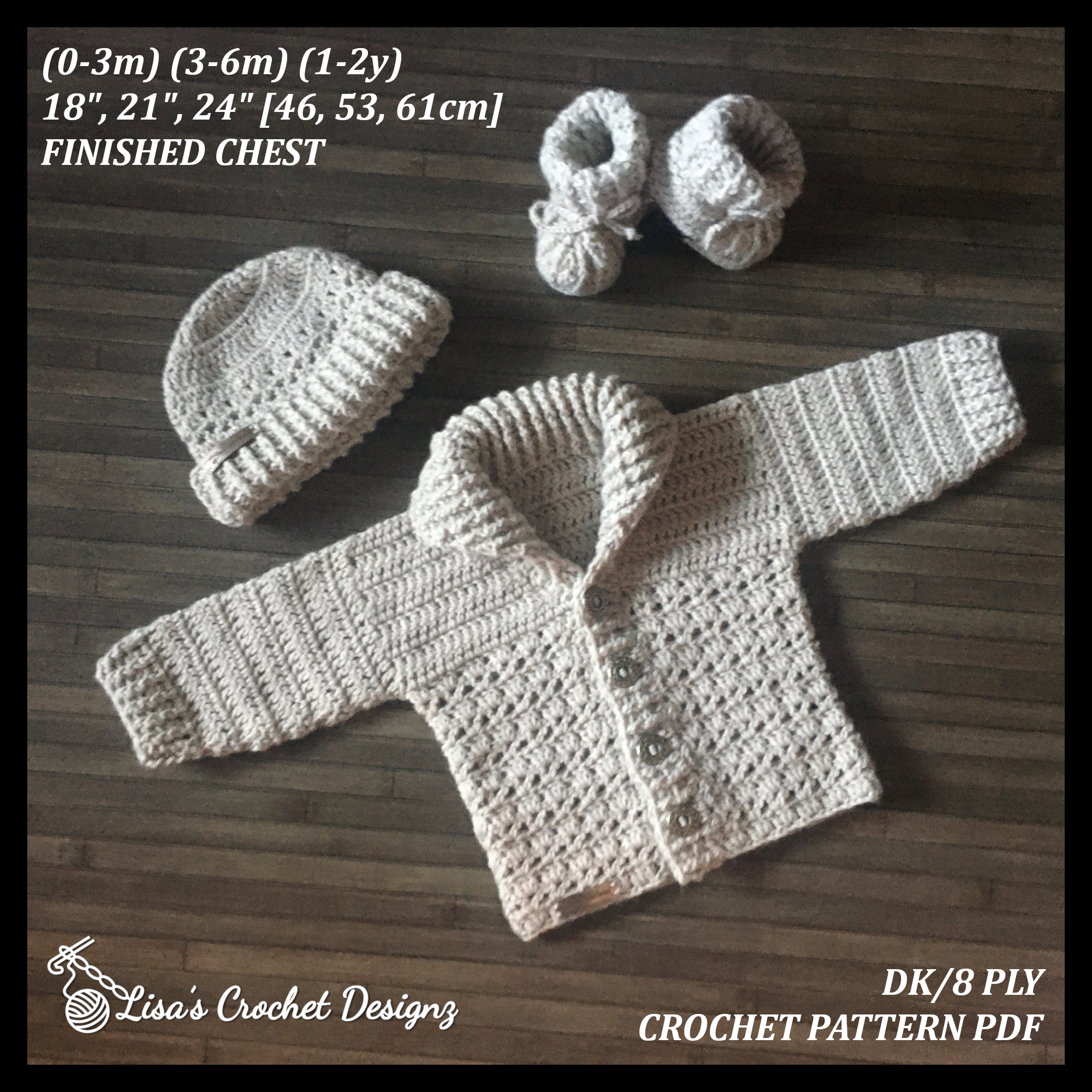 Corbin Baby Cardigan Hat Booties Set to 2 Years | Crochet Pattern PDF | English