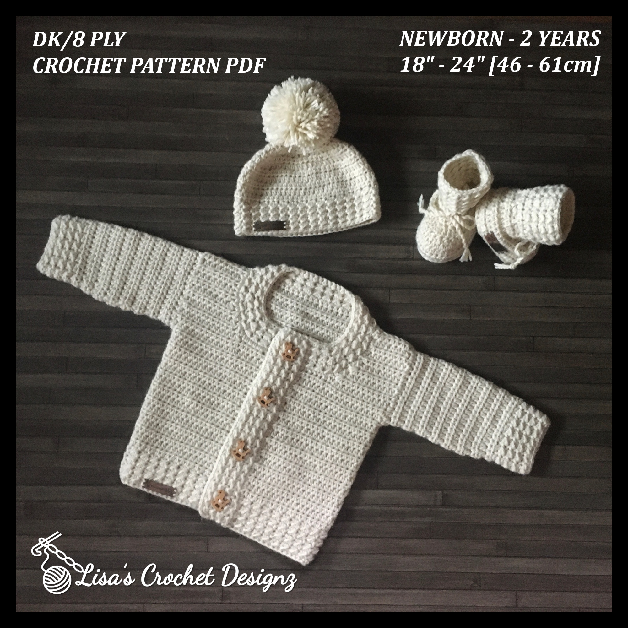 Grayson Baby Set Crochet Pattern PDF | Cardigan (0-2Y), Hat (0-10Y) & Booties | Digital Download | English