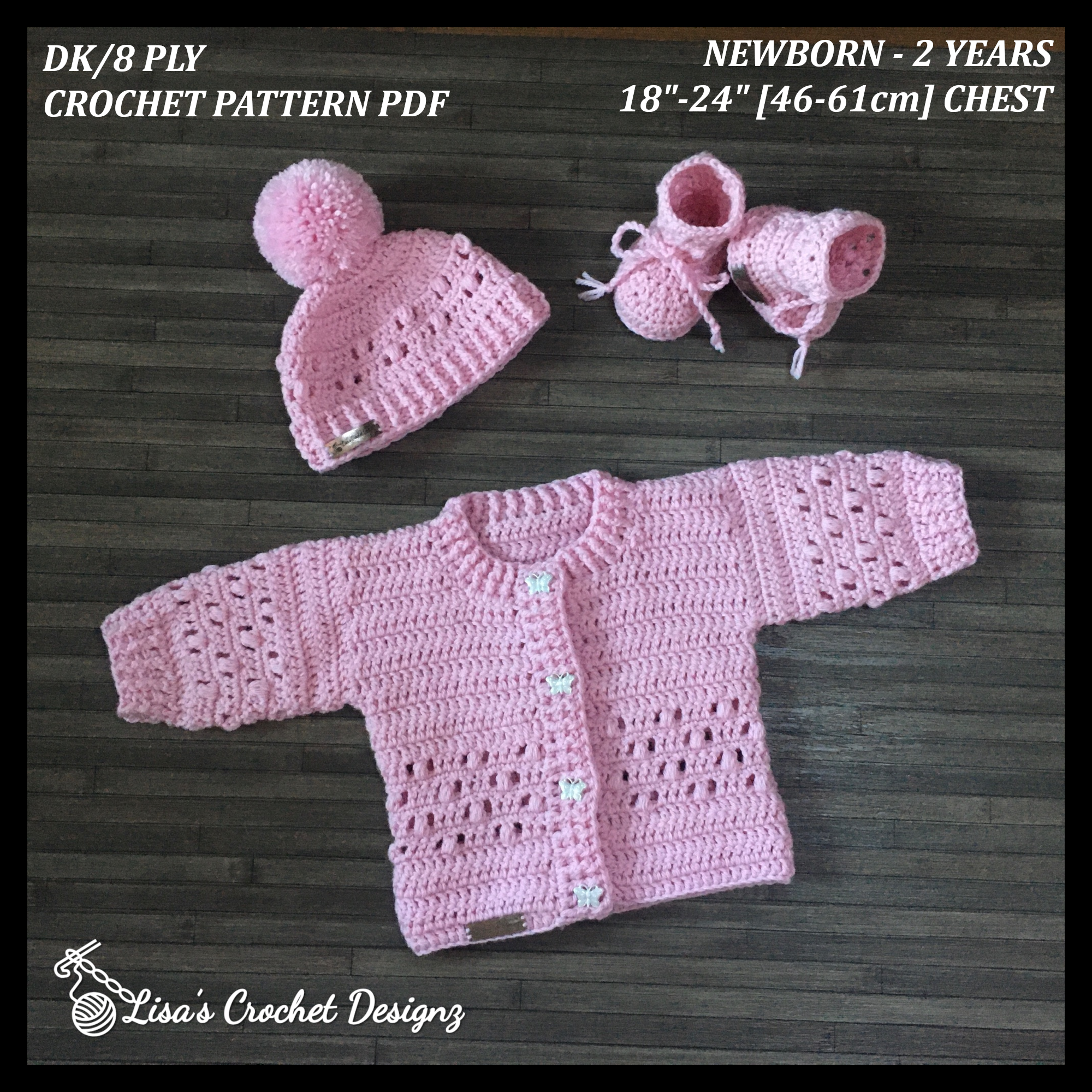 Izzy Crochet Cardigan (0-2Y), Hat (0-10Y) & Booties Set – PDF Crochet Pattern | English