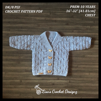 Crochet Pattern Kasey Baby Toddler Child Cardigan Newborn to 10 Years