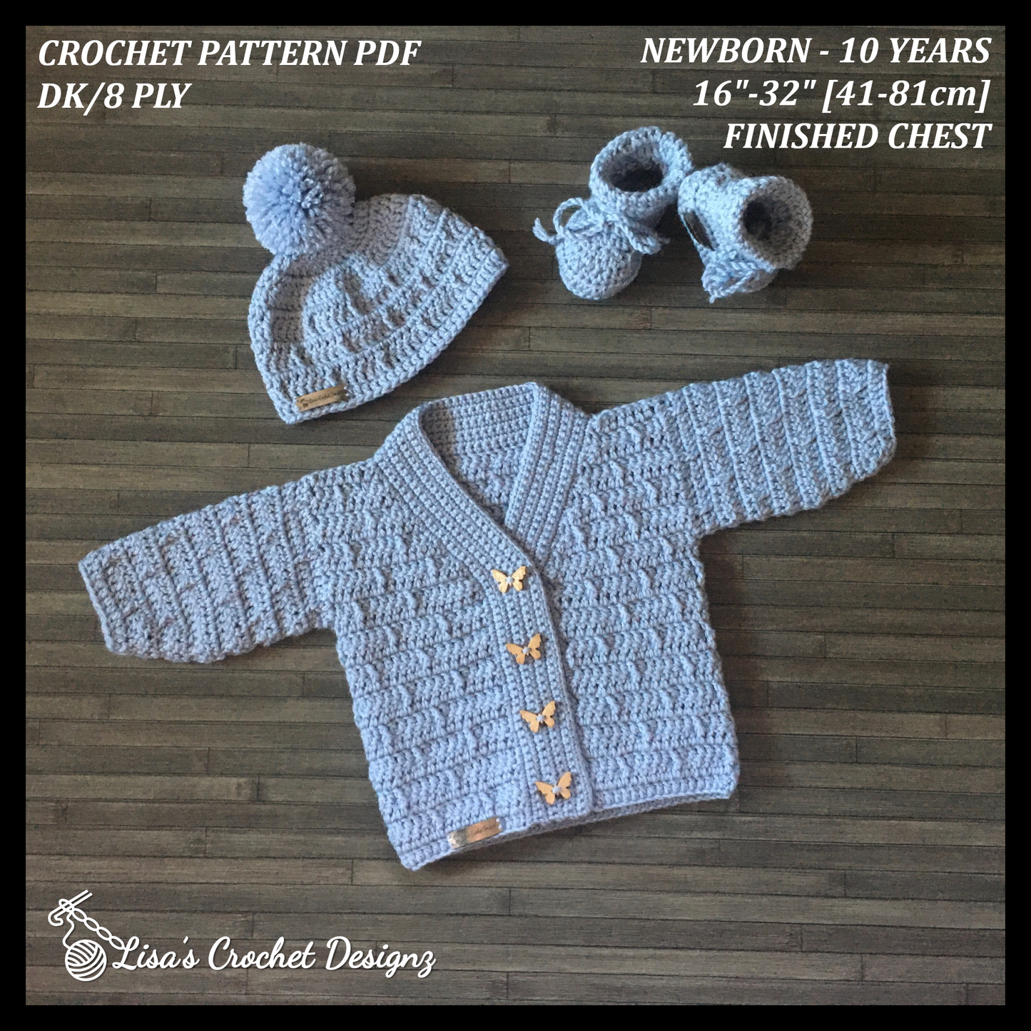 Crochet Pattern Kasey Baby Crochet Cardigan Hat Booties Set Newborn to 10 Years