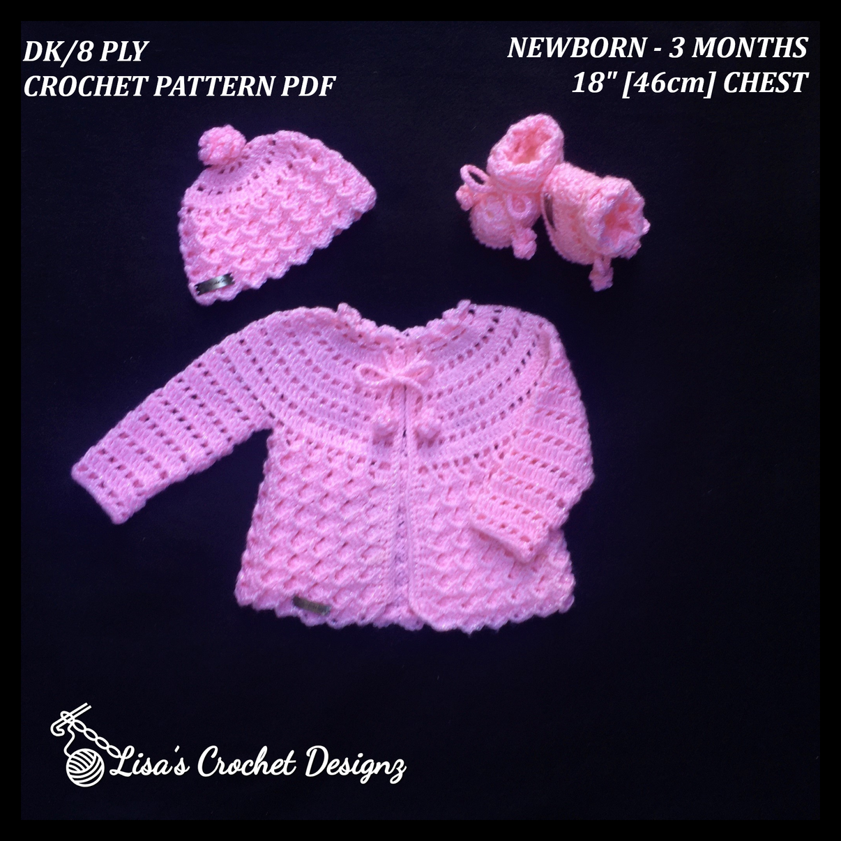 Luna Crochet Baby Sweater Hat and Booties Set Crochet Pattern Baby 0-3 ...