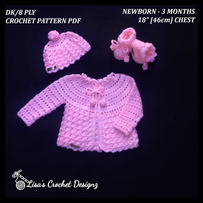 Crochet Pattern Luna Crochet Cardigan Hat Booties Set Baby 0-3 Months