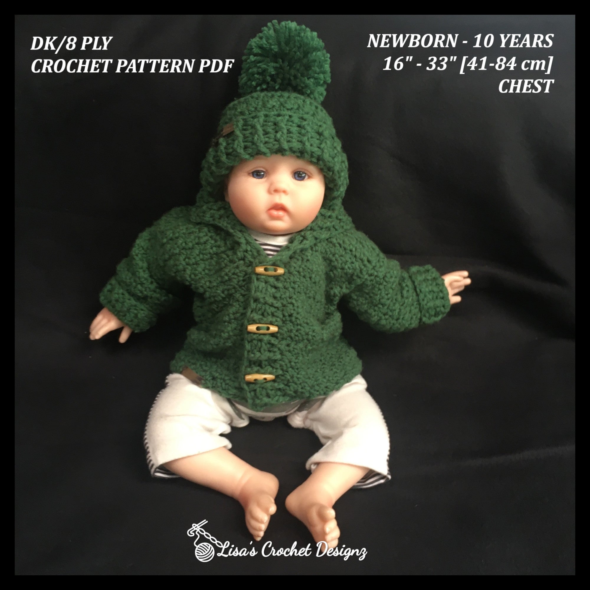 Rocky crochet sweater and hat on baby describing pattern sizes newborn to 10 years