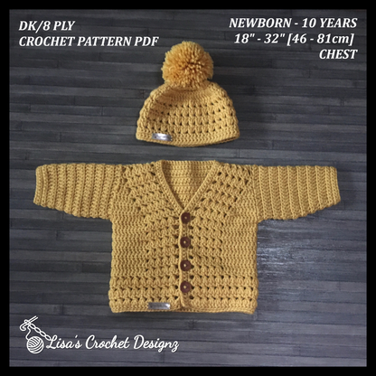 Crochet Pattern Sam Crochet Cardigan and Hat Baby to 10 Years