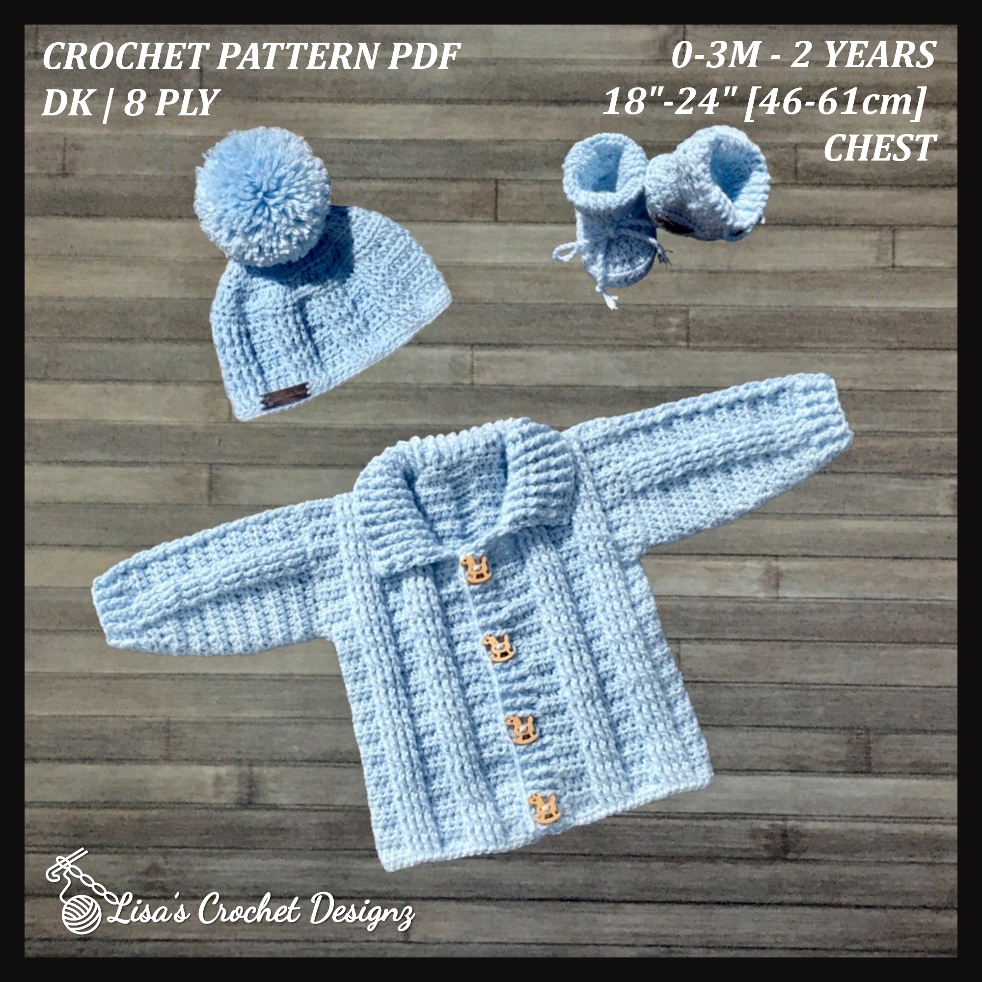 Zeb Crochet Baby Set | Cardigan (0-2Y), Hat (0-10Y) & Booties | Crochet Pattern PDF | English